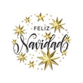 Feliz Navidad Spanish Merry Christmas golden decoration, calligraphy font for invitation or greeting card white background. Vector Royalty Free Stock Photo