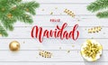 Feliz Navidad Spanish Merry Christmas golden decoration and calligraphy font on white wooden background for greeting card. Vector Royalty Free Stock Photo