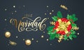 Feliz Navidad Spanish Merry Christmas golden decoration and gold font calligraphy greeting card design. Vector Christmas gift box Royalty Free Stock Photo