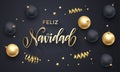 Feliz Navidad Spanish Merry Christmas golden decoration, hand drawn calligraphy golden font for invitation black festive backgroun Royalty Free Stock Photo