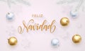 Feliz Navidad Spanish Merry Christmas golden decoration, hand drawn calligraphy golden font for invitation white festive backgroun Royalty Free Stock Photo