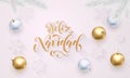 Feliz Navidad Spanish Merry Christmas golden decoration, hand drawn calligraphy golden font for invitation white festive backgroun Royalty Free Stock Photo