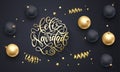 Feliz Navidad Spanish Merry Christmas golden decoration, hand drawn gold calligraphy font for greeting card black background. Vect