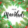 Feliz Navidad Spanish Merry Christmas hand drawn calligraphy and holly wreath decoration with golden stars garland frame for holid