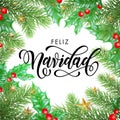 Feliz Navidad Spanish Merry Christmas hand drawn calligraphy in holly wreath decoration and Christmas stars garland. Vector winter Royalty Free Stock Photo