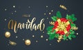 Feliz Navidad Spanish Merry Christmas holiday golden calligraphy and gold decoration greeting card template. Vector Christmas tree Royalty Free Stock Photo