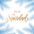 Feliz Navidad Spanish Merry Christmas holiday golden hand drawn calligraphy text for greeting card of frozen blue snow branch and