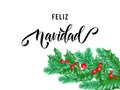 Feliz Navidad Spanish Merry Christmas holiday hand drawn quote calligraphy greeting card background template. Vector Christmas tre Royalty Free Stock Photo