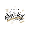 Spanish Merry Christmas Feliz Navidad. Premium luxury background for holiday greeting card. Gold calligraphy lettering. Royalty Free Stock Photo