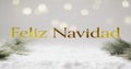 Feliz navidad text in gold over christmas tree sprigs, snow and bokeh lights on grey background Royalty Free Stock Photo
