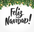 Feliz Navidad text. Holiday greetings spanish quote. Fir tree branches and baubles. Great for Christmas cards, gift tags Royalty Free Stock Photo