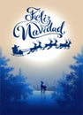 Feliz navidad translation from Spanish Merry Christmas. Lettering calligraphy text for greeting card. Silhouette Santa sleigh of r Royalty Free Stock Photo