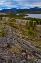 Felled trees in the hills near a mountain lake against the backdrop of snow-capped mountains in Utah, US Royalty Free Stock Photo