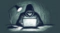 A fellow hacker sits in front of his laptop in the night by the light of a desk lamp. A programmer at work. A man stealing data.