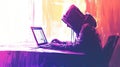 A fellow hacker sitting at home in front of his laptop. Programmer at work. A man stealing data. Anonymous person in the hood