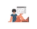 The fellow is holding a browser window with gears. SEO and web investigating topic. Confined. Trendy style, Vector