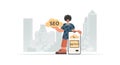The fellow is holding a information cloud and a server. Synchronization and security of information capacity concept