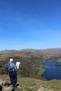 Fellwalker with map on Loughrigg looks to Grasmere