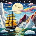 Felt art patchwork, A beautiful small ship with a yellow sails between the icebergs, Generative AI Royalty Free Stock Photo