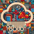 Felt art patchwork, Cloud computing concept, showcasing file upload and storage symbols, representing business automation, digital Royalty Free Stock Photo