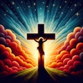 Felt art patchwork, Cross of Jesus Christ on sunset sky background. Christian religion concept Royalty Free Stock Photo