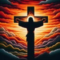 Felt art patchwork, Cross of Jesus Christ on sunset sky background. Christian religion concept Royalty Free Stock Photo