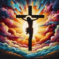 Felt art patchwork, Cross of Jesus Christ on sunset sky background. Christian religion concept Royalty Free Stock Photo