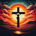 Felt art patchwork, Cross of Jesus Christ on sunset sky background. Christian religion concept Royalty Free Stock Photo