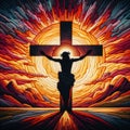 Felt art patchwork, Cross of Jesus Christ on sunset sky background. Christian religion concept Royalty Free Stock Photo