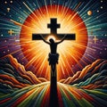 Felt art patchwork, Cross of Jesus Christ on sunset sky background. Christian religion concept Royalty Free Stock Photo