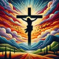 Felt art patchwork, Cross of Jesus Christ on sunset sky background. Christian religion concept Royalty Free Stock Photo