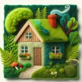 Felt art patchwork, Eco house. Green and environmentally friendly housing concept Royalty Free Stock Photo