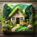 Felt art patchwork, Eco house. Green and environmentally friendly housing concept Royalty Free Stock Photo