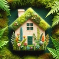 Felt art patchwork, Eco house. Green and environmentally friendly housing concept. Miniature wooden house in spring grass, moss