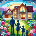 Felt art patchwork, Happy family standing on a lawn, gazing at a contemporary new house Royalty Free Stock Photo