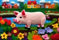 pig in the lettuce garden, with multi-colored flowers, houses, nature, bright sky