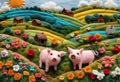 many piglets in the lettuce garden, with multi-colored flowers, houses, nature, bright sky