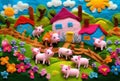 many piglets in the lettuce garden, with multi-colored flowers, houses, nature, bright sky