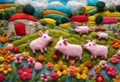 many piglets in the lettuce garden, with multi-colored flowers, houses, nature, bright sky