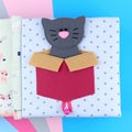 a felt book featuring a small gray kitten peeking mischievously out of a bright crimson box