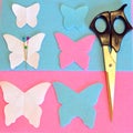 Felt butterfly, scissors, pins, paper patterns. Sewing set Royalty Free Stock Photo