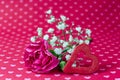 Felt heart cutout, carnation and babys breath on vintage heart p