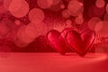 Felt hearts on red background with bokeh. Valentine`s day celebration or love concept. Copy space Royalty Free Stock Photo