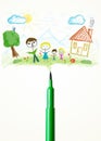 Felt pen close-up with a drawing of a family Royalty Free Stock Photo