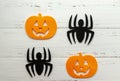 Felt pumpking, spider on wooden background