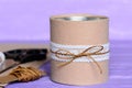 Felt and ribbon recycled tin can. Creative recycling tin cans into holder for office supplies. Thrifty, quick and simple idea Royalty Free Stock Photo