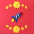 Felt Rocketship Flat Lay with Yellow Stars on Red