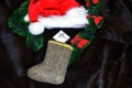 Felt stocking and a Christmas hat on the fir Royalty Free Stock Photo