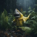 Toy Shark In Rain Jacket: Mysterious Jungle Landscape Photography