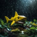 Yellow Paper Shark In Rain: Toycore Still Life With Dramatic Lighting
